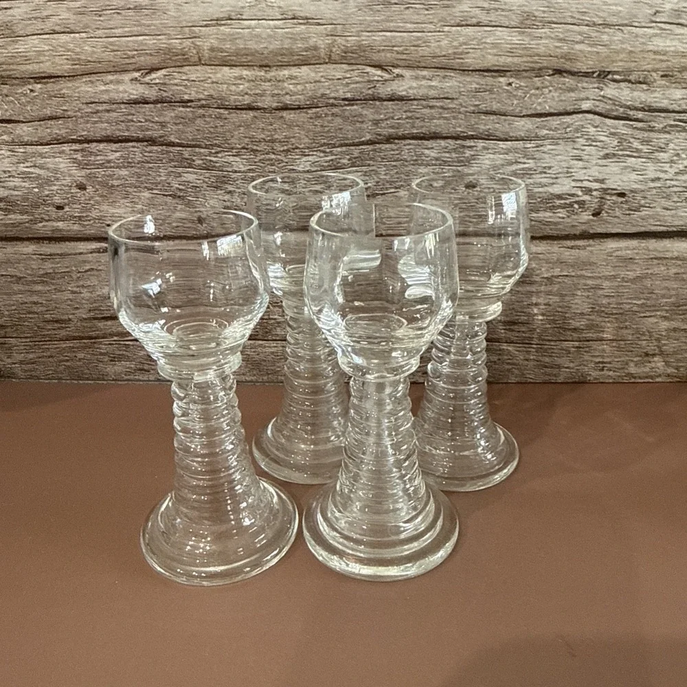 Vintage Hand Blown Glass 4 Pcs Hollow Stem Ribbed Roemer Style Cordial Glasses